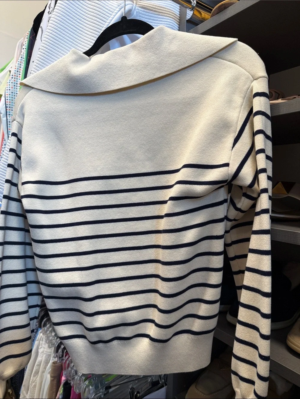 & Other Stories Cream and Navy Striped Open-Collar V-Neck Sweater